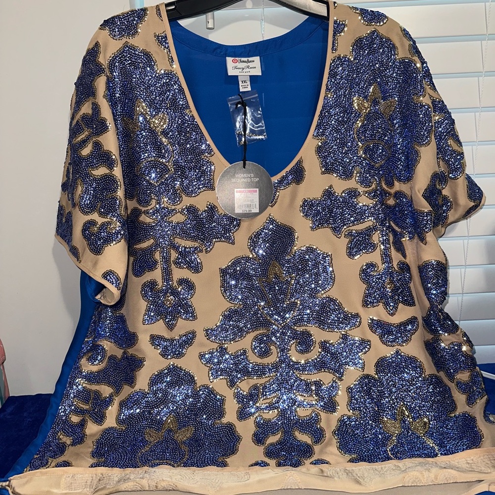 Tracy Reese Tan and Blue Sequin Relaxed Blouse